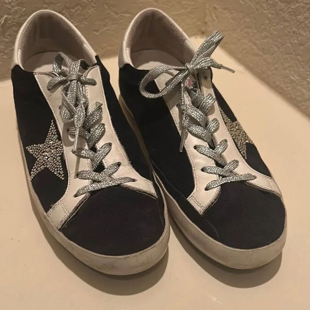 Golden Goose Superstar Sneakers White Black Suede Swarovski Crystal Star Sz 11